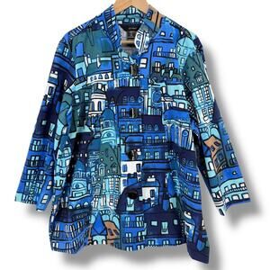 Ali Miles Blue City Print Jacket Womens Plus Sz 1X 3/4 Sleeve Button Front